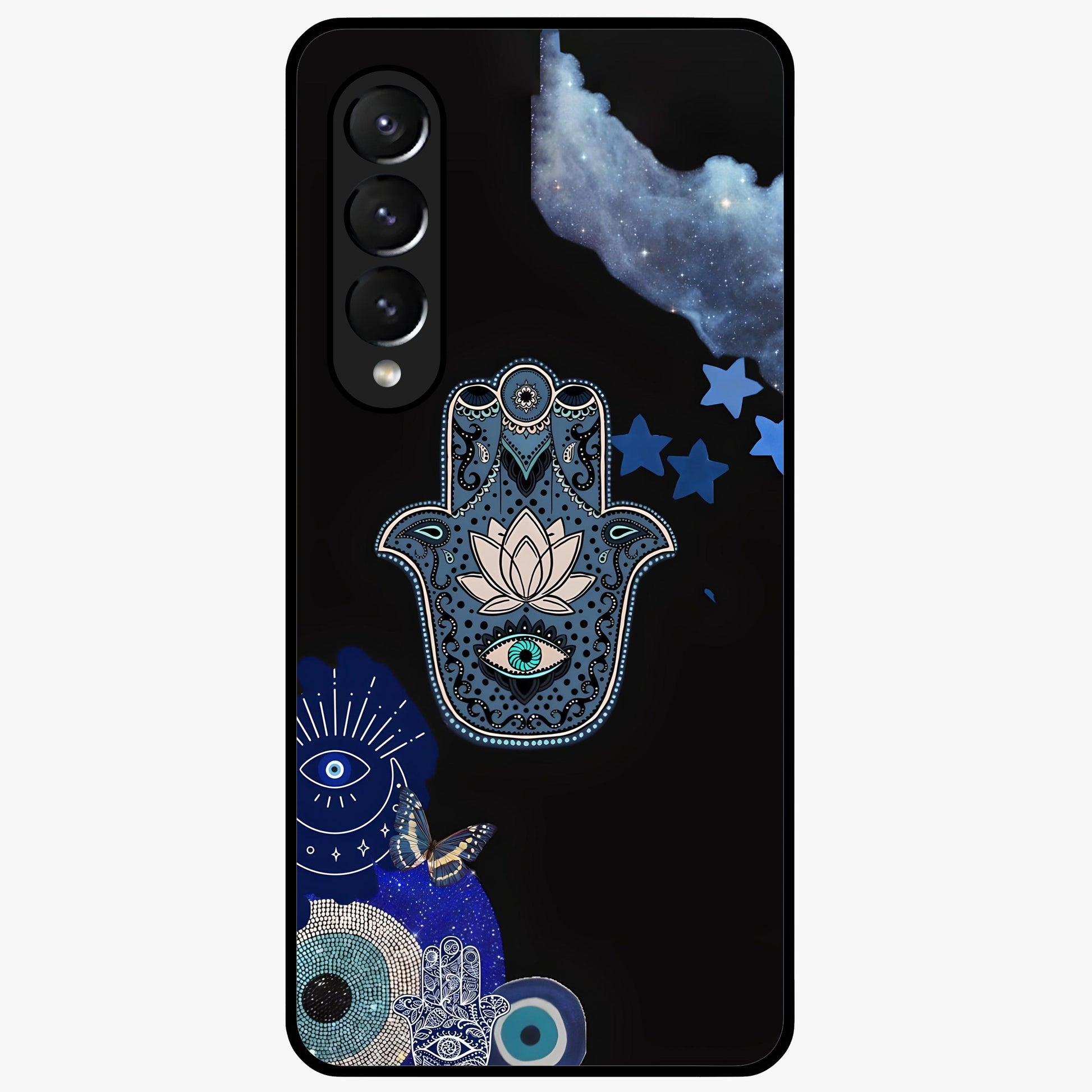 Mystic Hand Aura Glass Case showing flat back view with mystical hand symbol artwork and glossy glass finish.
