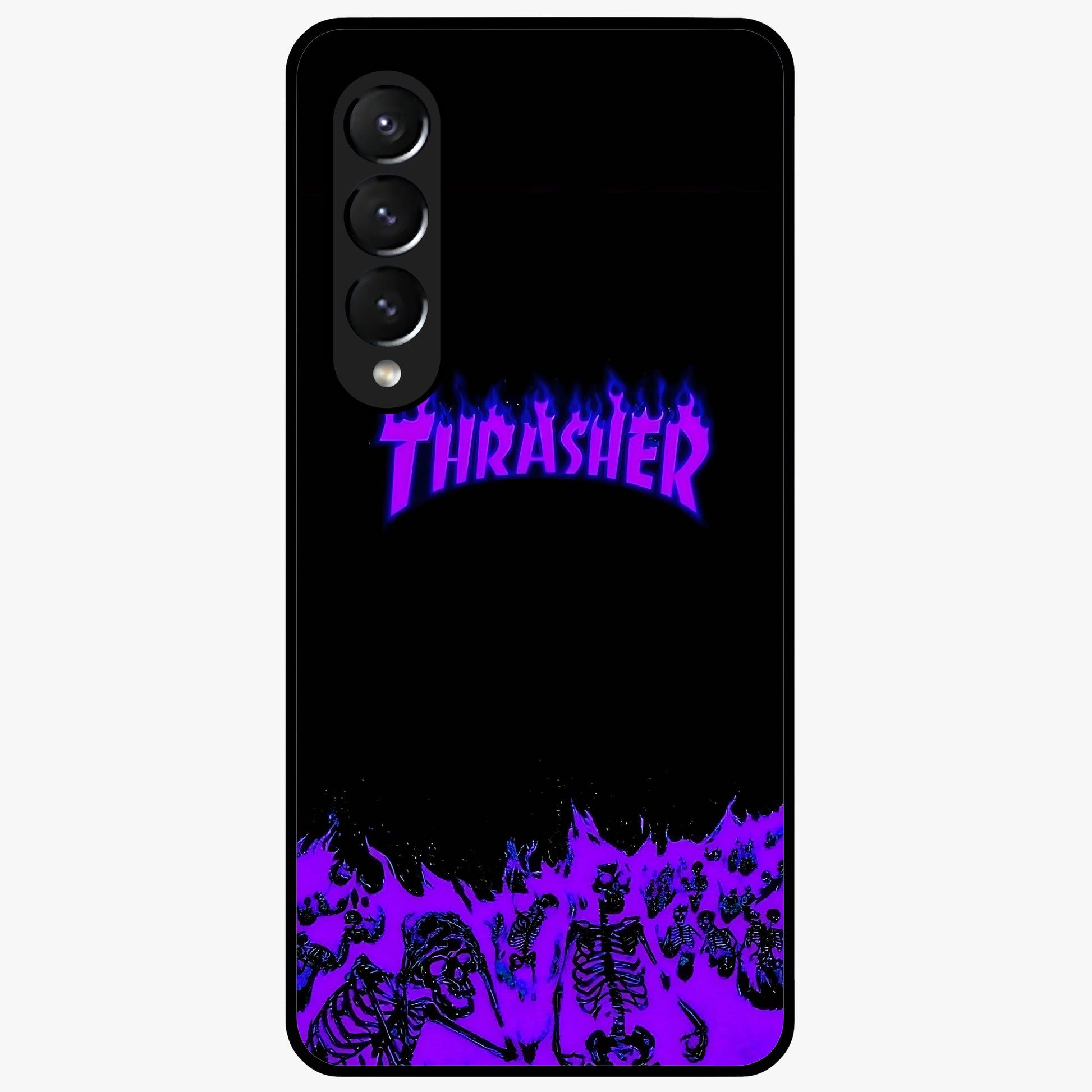 Neon Flame Riot Glass Case showing flat back view with neon flame artwork and glossy glass finish.