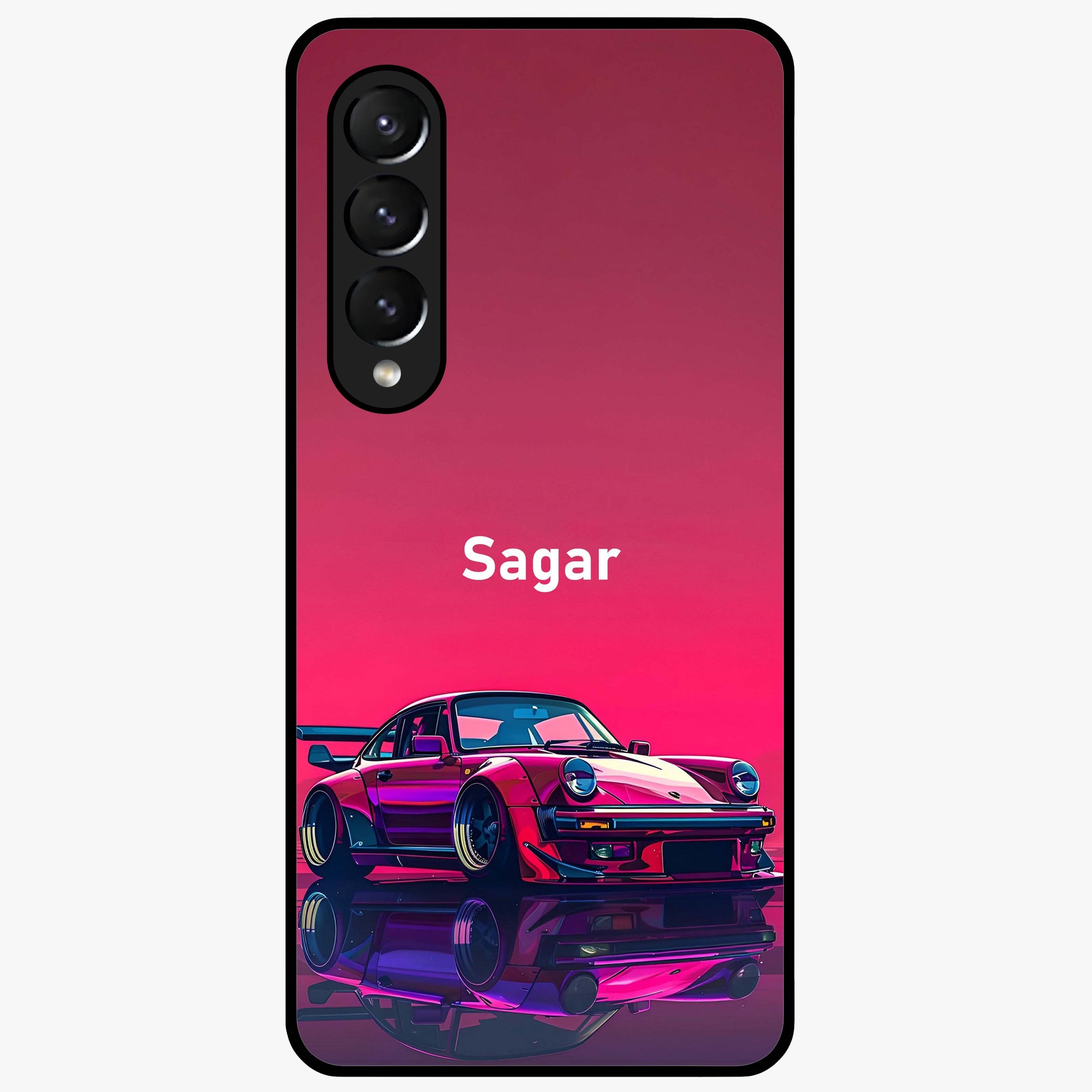 Neon Pink Porsche Glass Case showing flat back view with stylish sports car artwork and glossy glass finish.