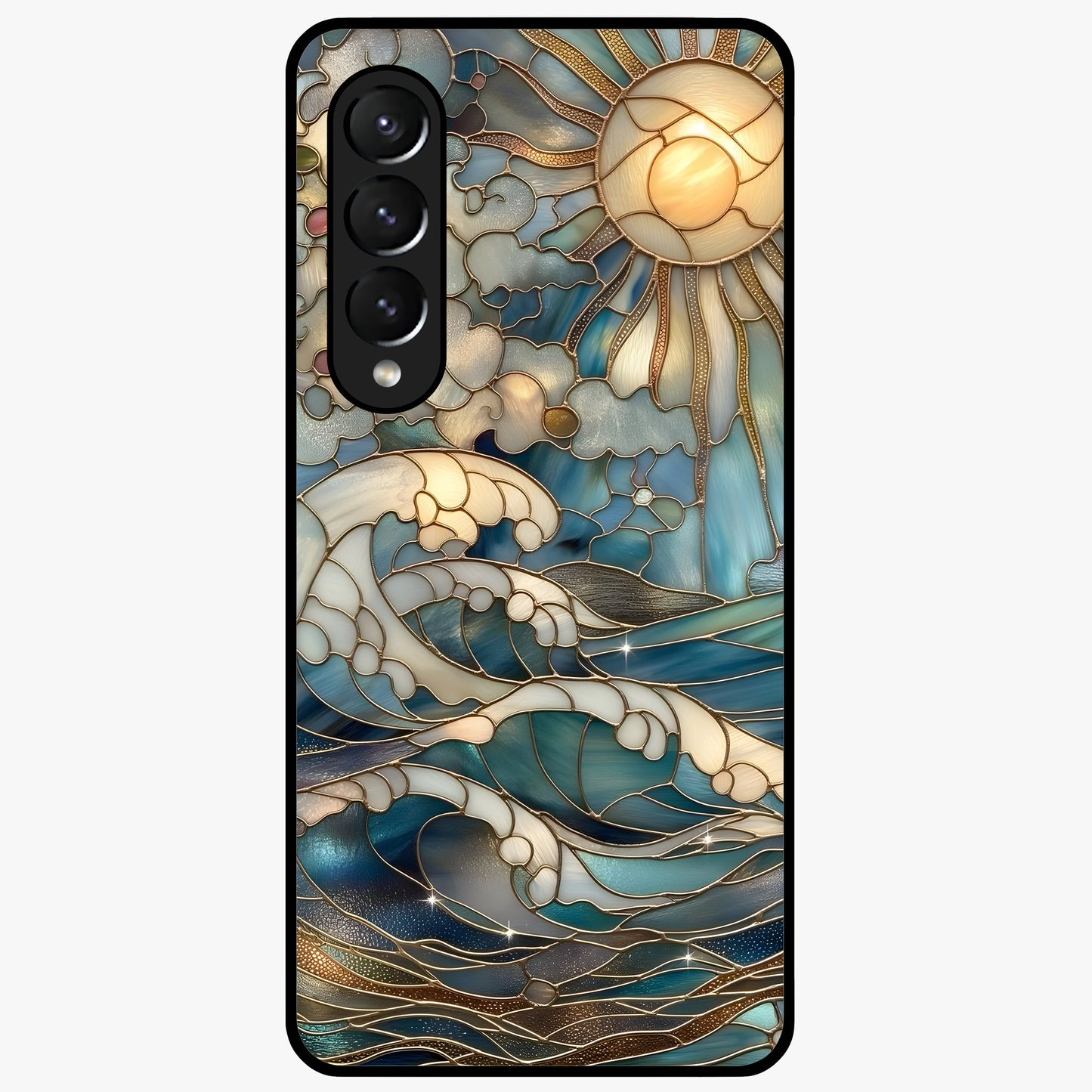 Oceanic Stained Printed Glass Case showing flat back view with ocean inspired stained pattern artwork and glossy glass finish.