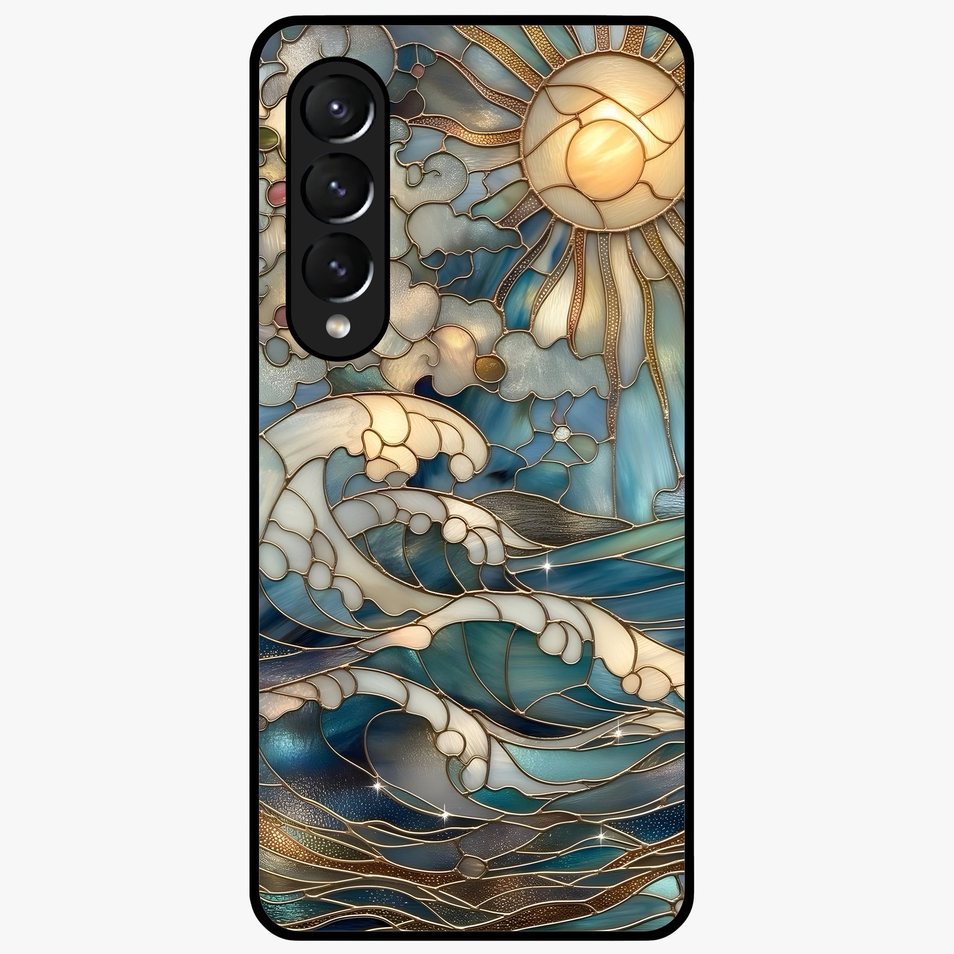 Oceanic Stained Printed Glass Case showing flat back view with ocean inspired stained pattern artwork and glossy glass finish.