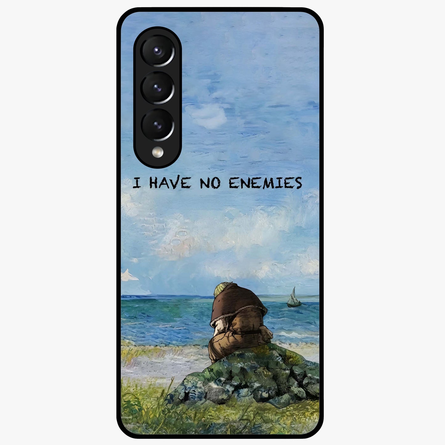 Peace Beyond War Glass Case showing flat back view with symbolic peace themed artwork and glossy glass finish.