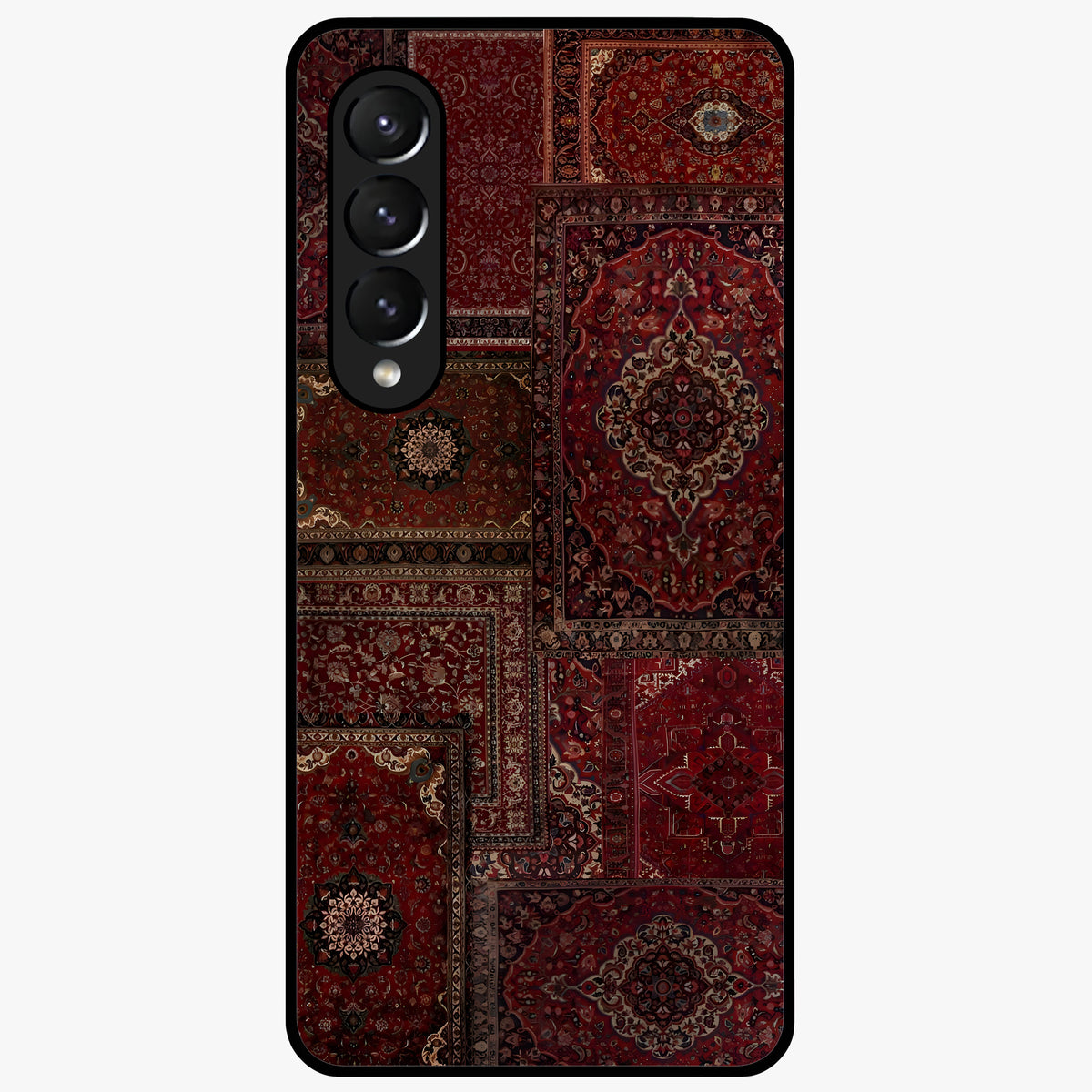 Persian Velvet Tale Glass Case showing flat back view with luxurious Persian velvet pattern artwork and glossy glass finish.