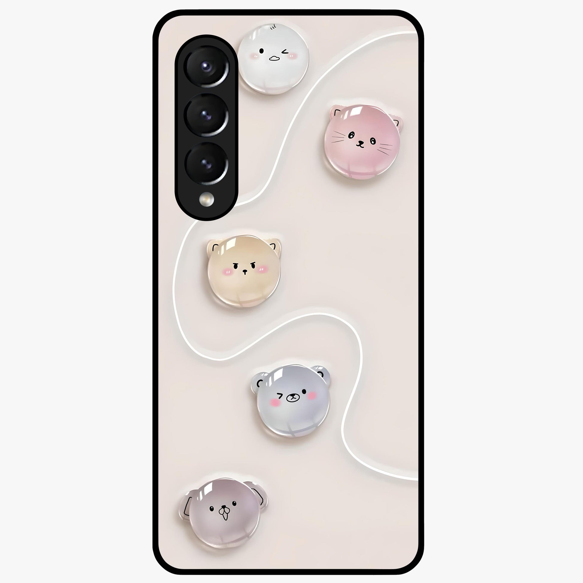 Puffy Face Parade Glass Case showing flat back view with cute puffy character faces artwork and glossy glass finish.