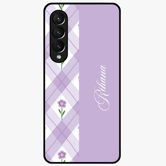 Purple Diamond Floral Glass Case showing flat back view with diamond shaped floral artwork and glossy glass finish.