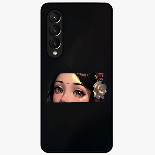Radha Divine Embrace Glass Case showing flat back view with devotional Radha artwork and glossy glass finish.