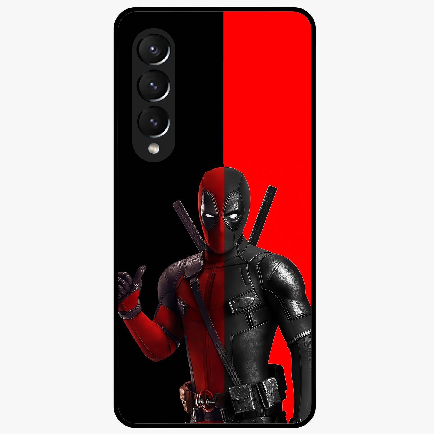 Red & Black Deadpool Theme Glass Case showing flat back view with bold comic inspired artwork and glossy glass finish.