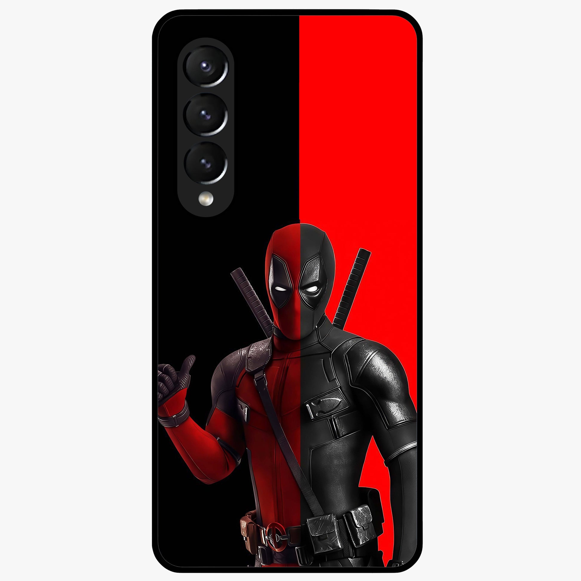 Red & Black Deadpool Theme Glass Case showing flat back view with bold comic inspired artwork and glossy glass finish.