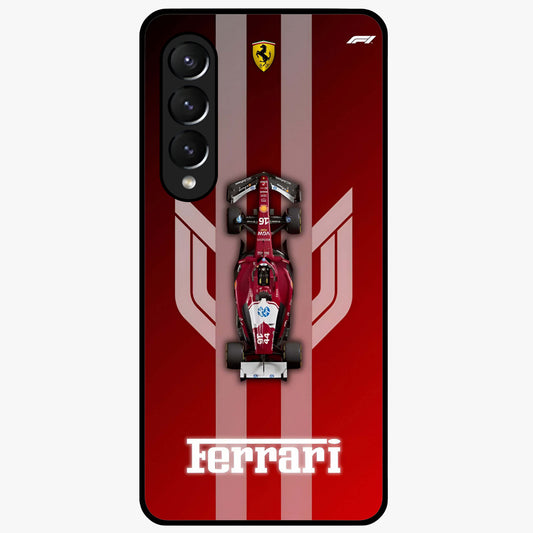 Red Ferrari F1 Vertical Glass Case showing flat back view with sleek Formula racing car artwork and glossy glass finish.