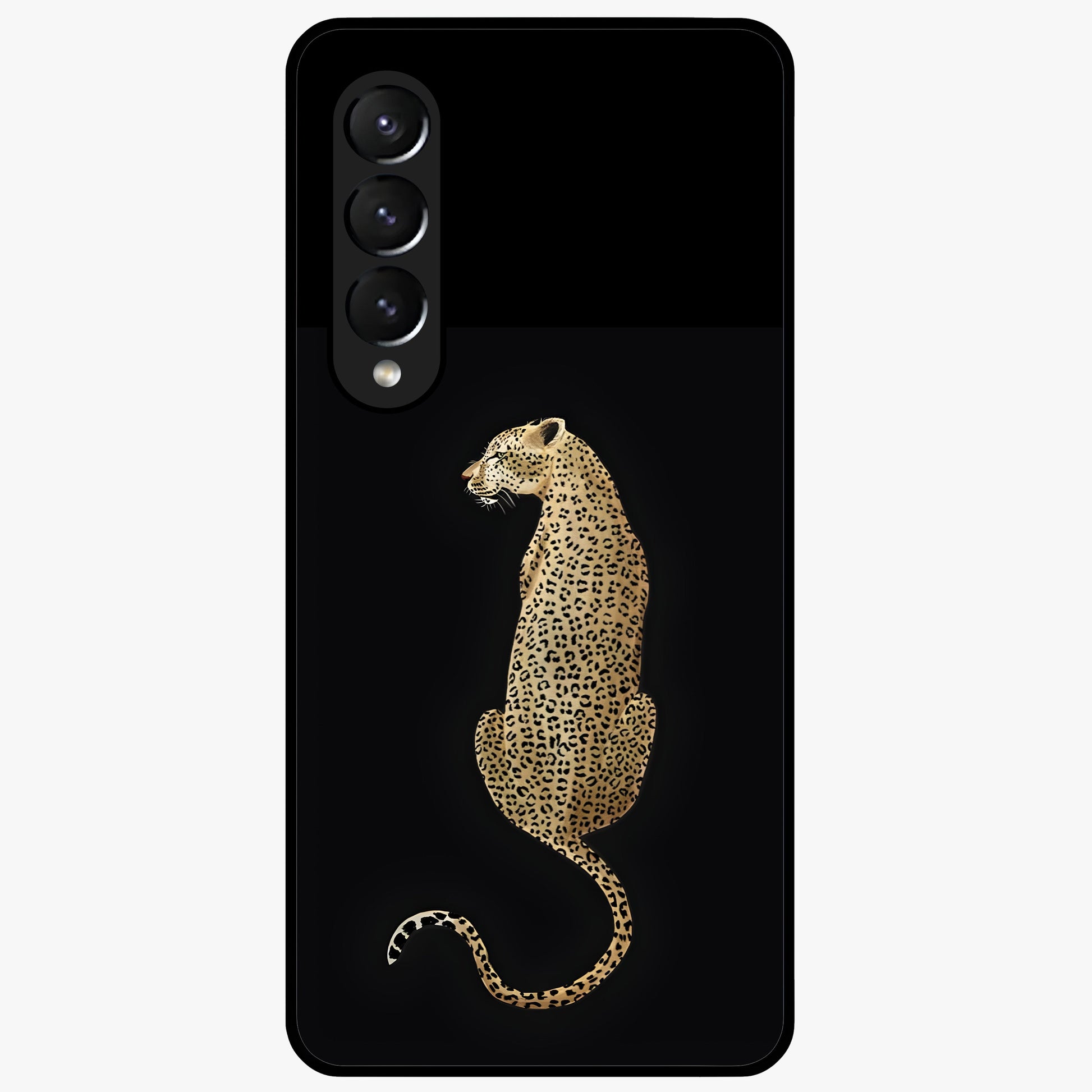 Regal Leopard Glass Case showing flat back view with bold leopard artwork and glossy glass finish.