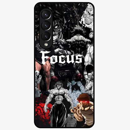 Relentless Power Focus Glass Case showing flat back view with motivational typography artwork and glossy glass finish.
