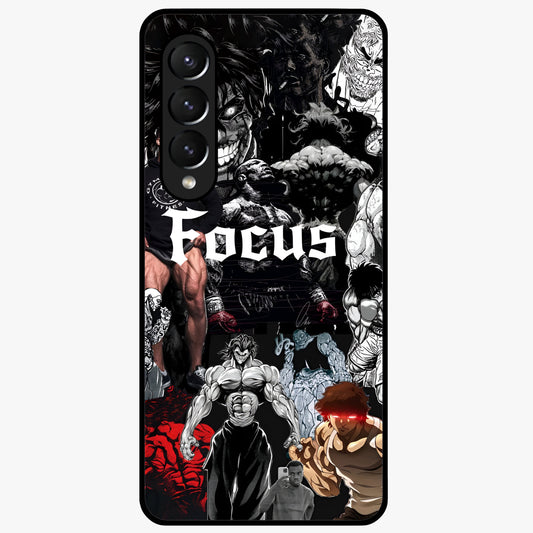 Relentless Power Focus Glass Case showing flat back view with motivational typography artwork and glossy glass finish.