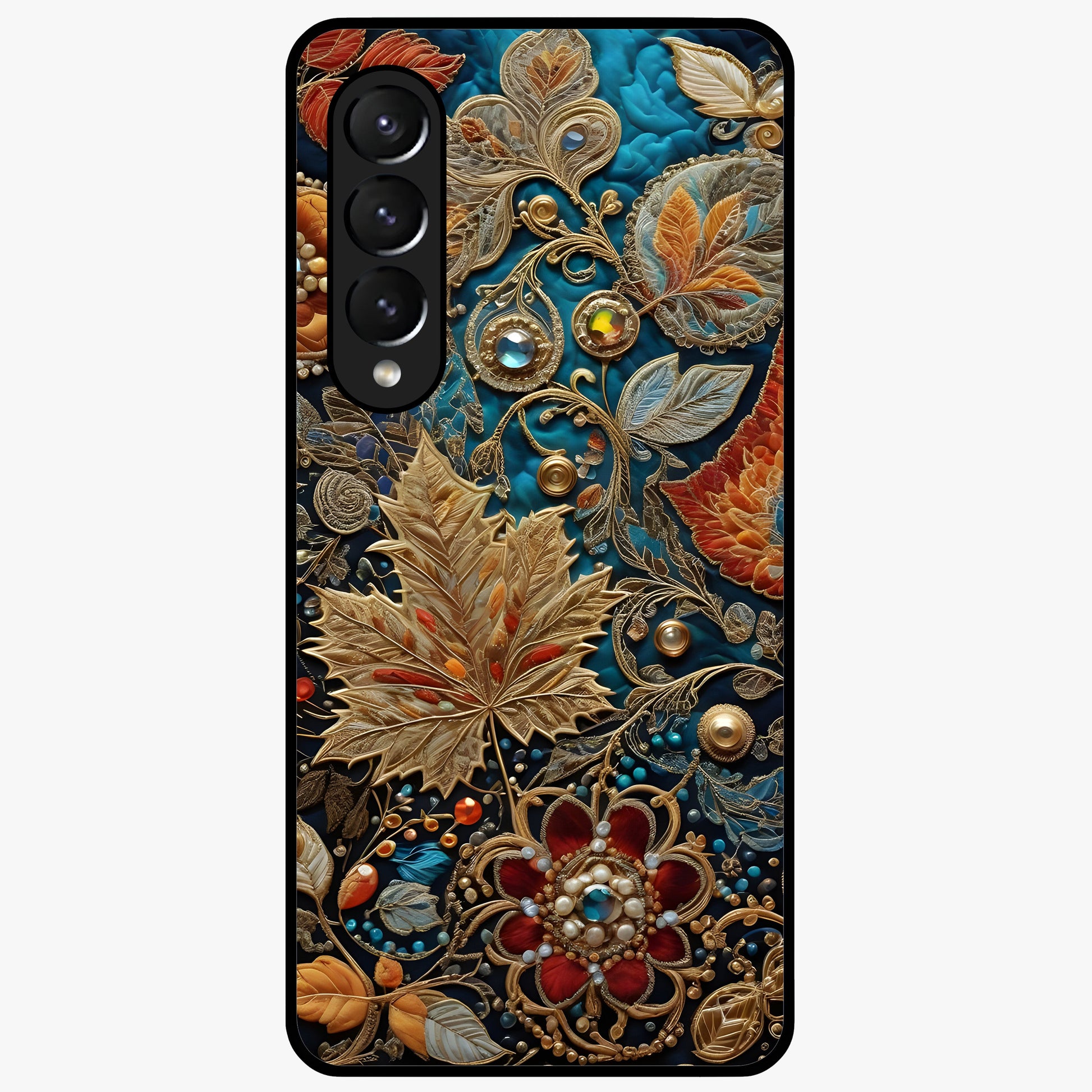 Royal Jewel Garden Glass Case showing flat back view with decorative floral garden artwork and glossy glass finish.