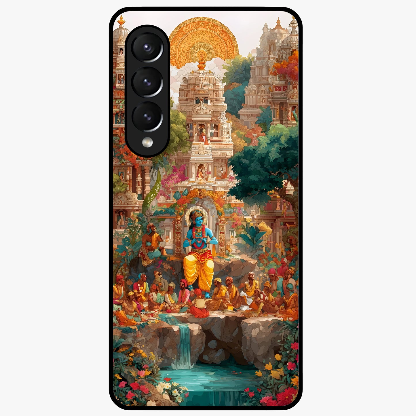Sacred Sunlight Gods Glass Case showing flat back view with divine sunlight themed artwork and glossy glass finish.