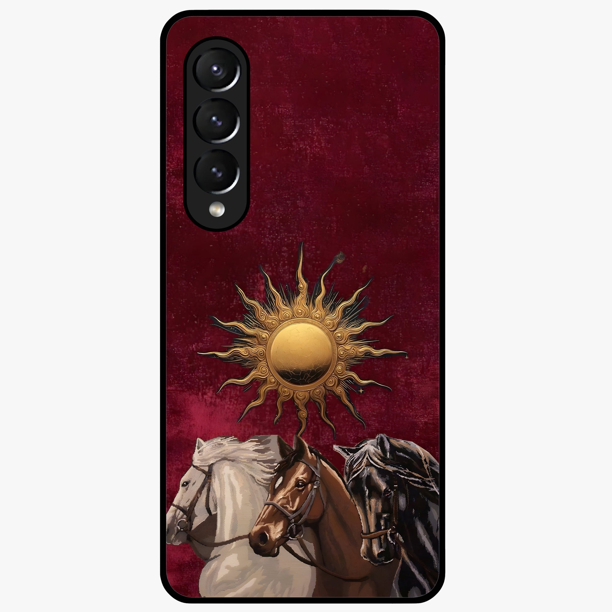 Solar Riders Glass Case showing flat back view with dynamic rider themed artwork and glossy glass finish.