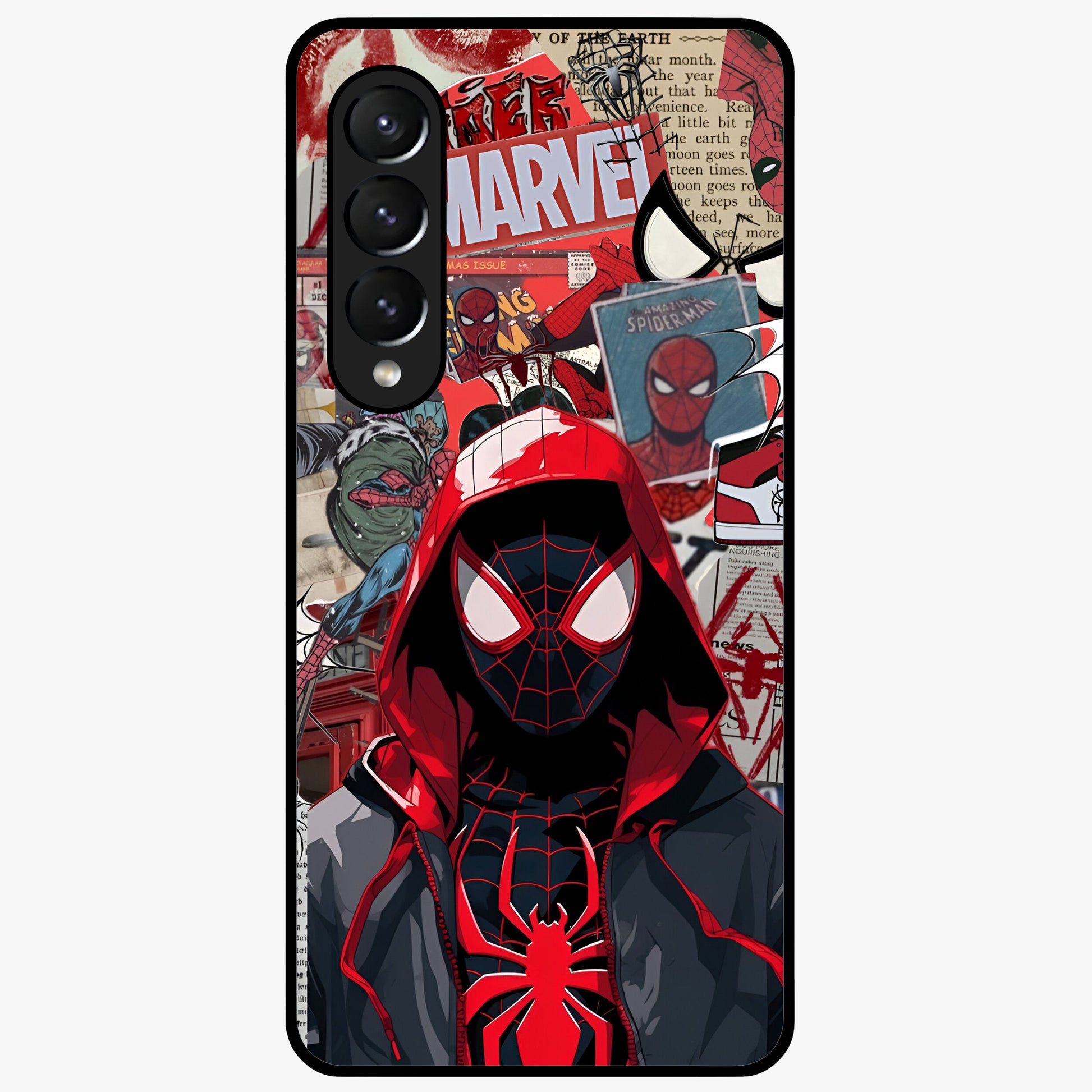 Spider Collage Street Glass Case showing flat back view with vibrant superhero collage artwork and glossy glass finish.