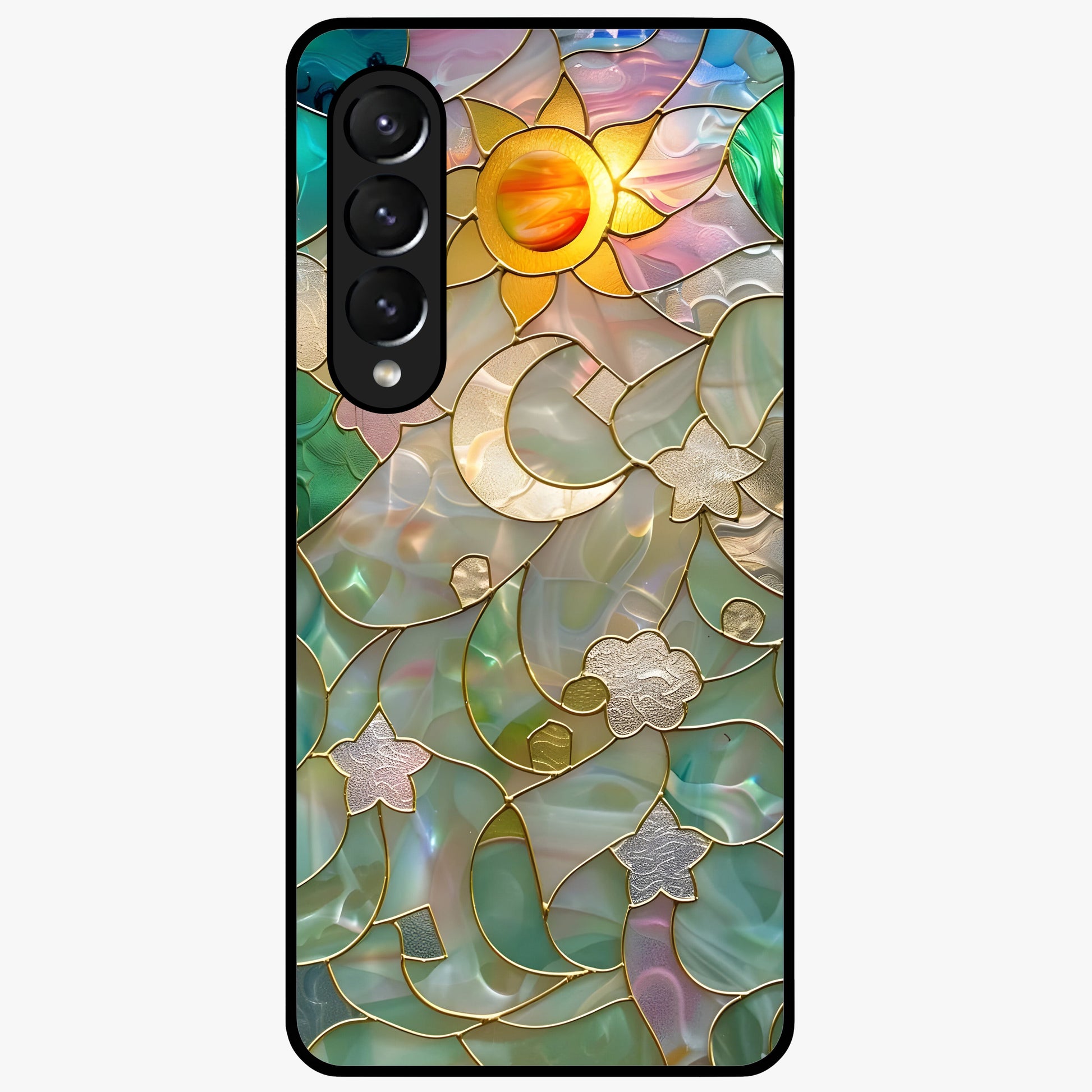 Stained Sunrise Glow Glass Case showing flat back view with glowing sunrise stained pattern artwork and glossy glass finish.