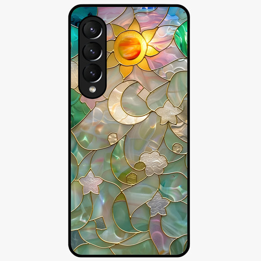Stained Sunrise Glow Glass Case showing flat back view with glowing sunrise stained pattern artwork and glossy glass finish.