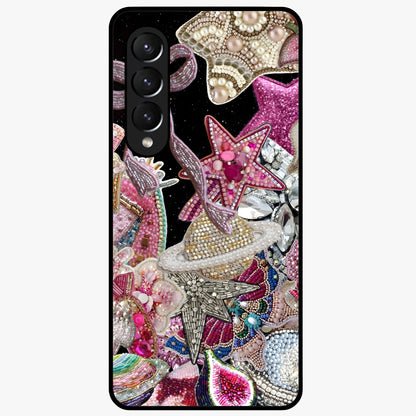 Starlit Jewel Dream Glass Case showing flat back view with sparkling jewel and star themed artwork and glossy glass finish.