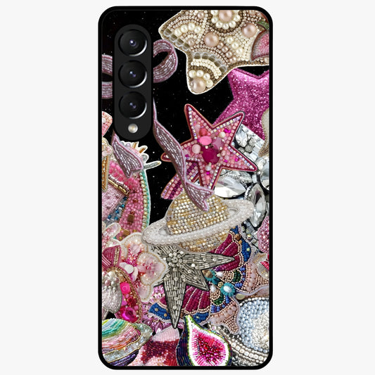 Starlit Jewel Dream Glass Case showing flat back view with sparkling jewel and star themed artwork and glossy glass finish.