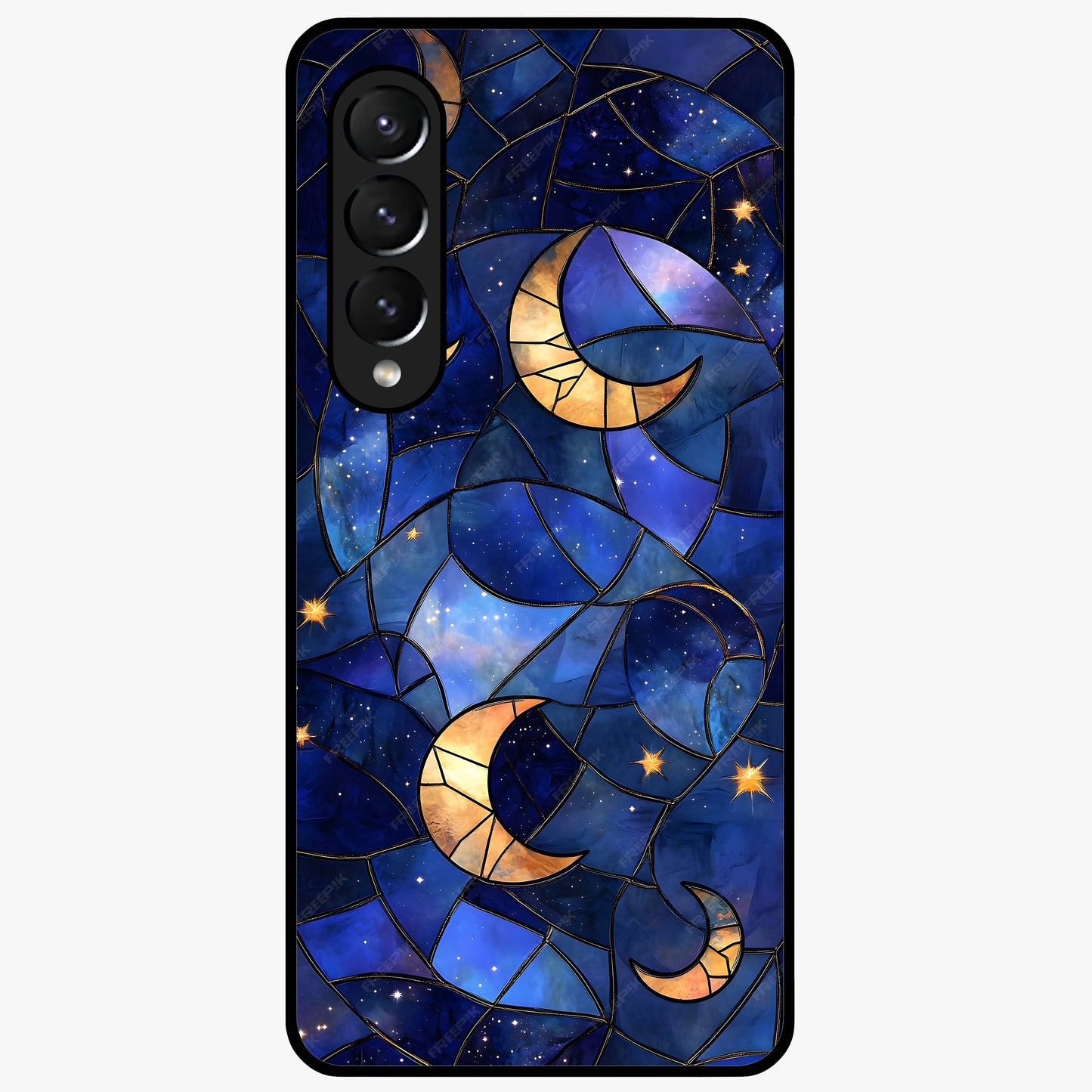 Starlit Sky Tapestry Glass Case showing flat back view with decorative starry sky tapestry artwork and glossy glass finish.