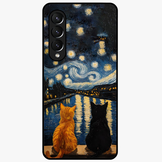 Starry River Cats Glass Case showing flat back view with cats by a starry river artwork and glossy glass finish.