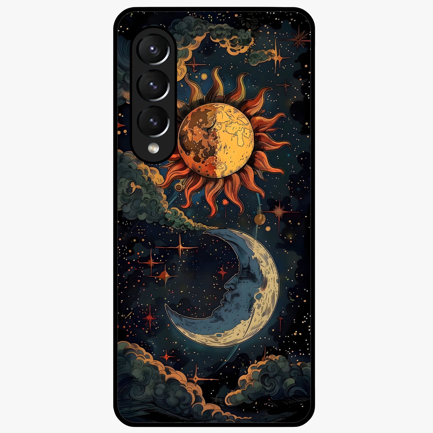 Sun And Moon Magic Design Glass Case showing flat back view with mystical sun and moon artwork and glossy glass finish.