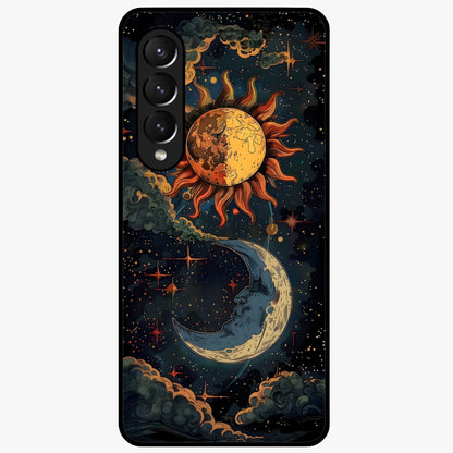 Sun And Moon Magic Design Glass Case showing flat back view with mystical sun and moon artwork and glossy glass finish.