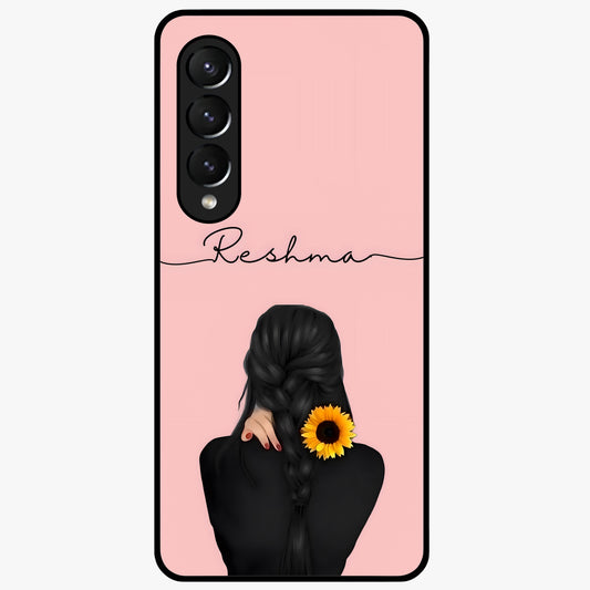 Sunflower Braid Beauty With Custom Name Glass Case showing flat back view with sunflower braid artwork and personalized name design.