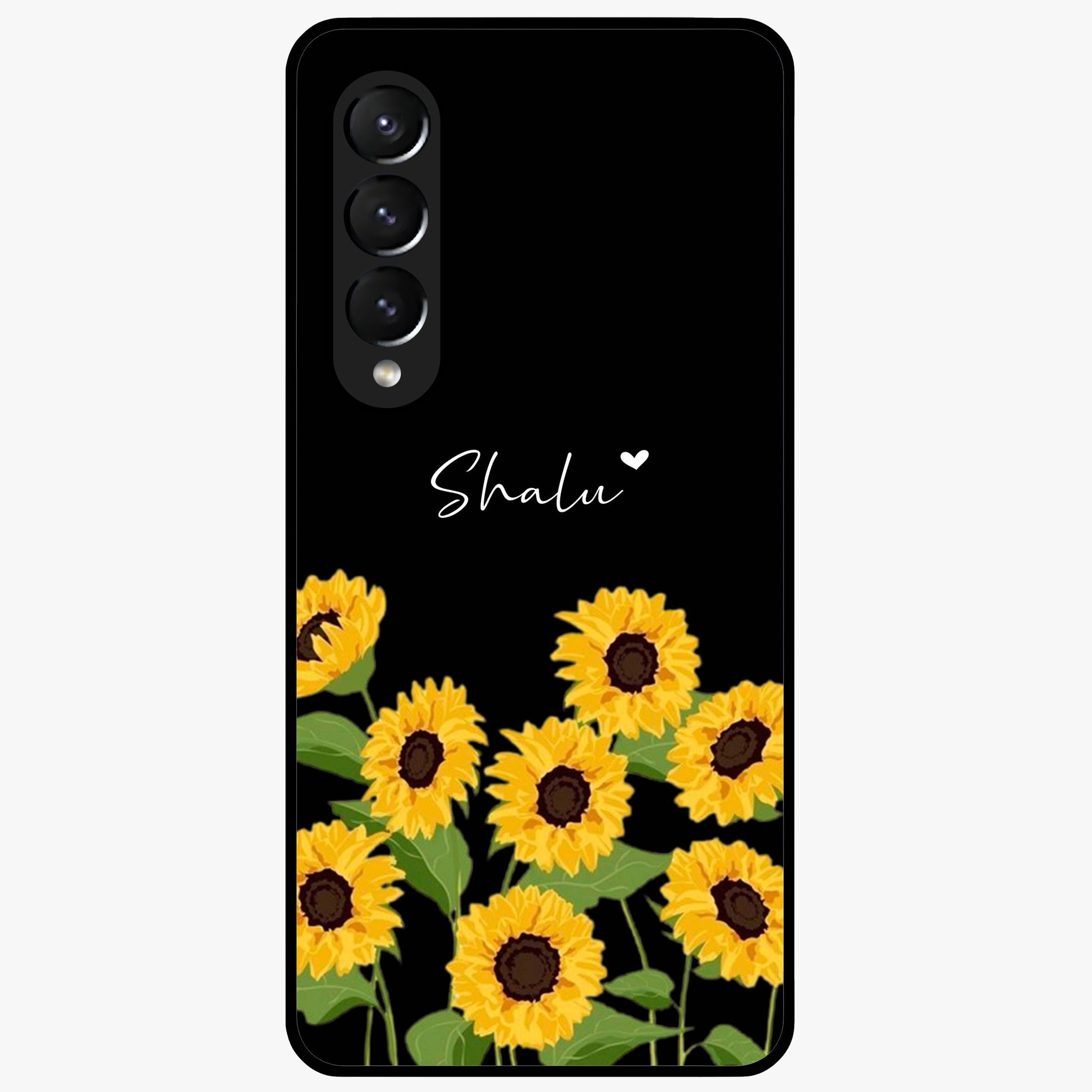 Sunflower Chic Mood Custom Name Glass Case showing flat back view with stylish sunflower artwork and personalized name design.