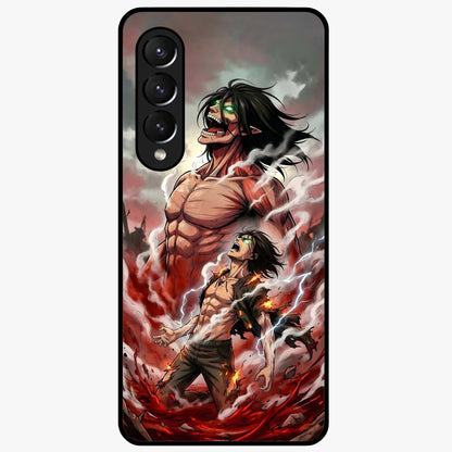Titan Awakening Fury Glass Case showing flat back view with powerful titan inspired artwork and glossy glass finish.