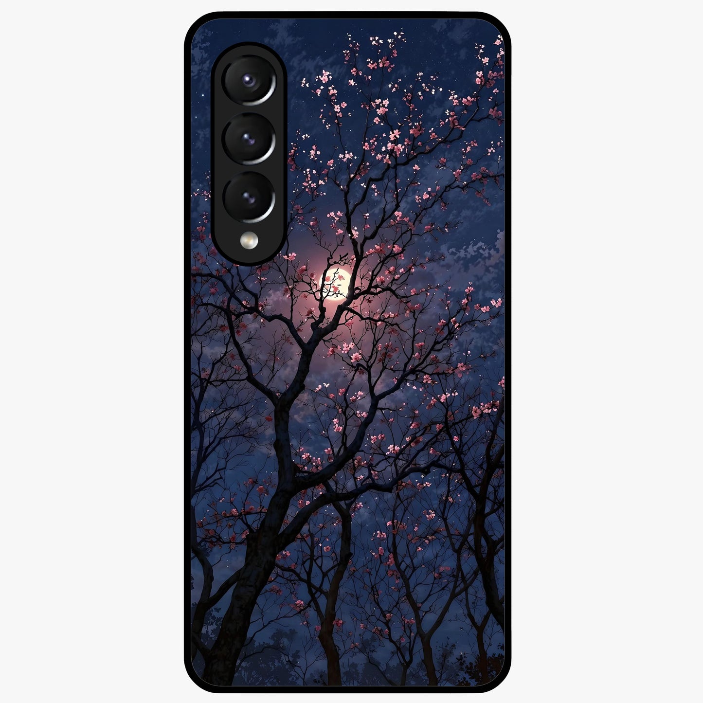 Twilight Sakura Serenade Glass Case showing flat back view with cherry blossom artwork at twilight and glossy glass finish.