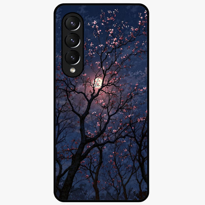 Twilight Sakura Serenade Glass Case showing flat back view with cherry blossom artwork at twilight and glossy glass finish.