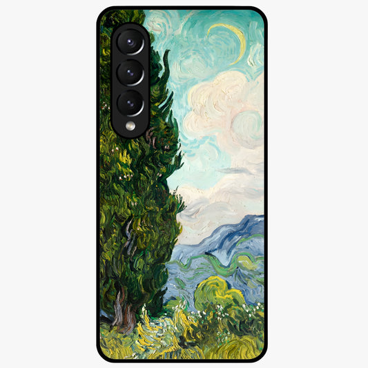 Van Gogh Vintage Art Glass Case showing flat back view with vintage painterly artwork inspired by Van Gogh style and glossy glass finish.