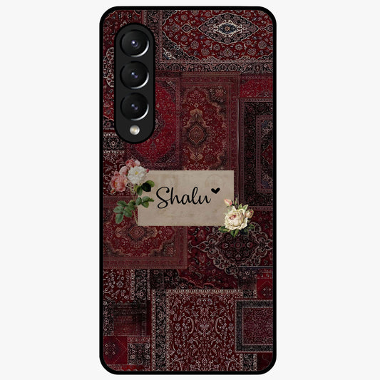 Velvet Wine Pattern Custom Name Glass Case showing flat back view with elegant wine colored pattern artwork and personalized name design.