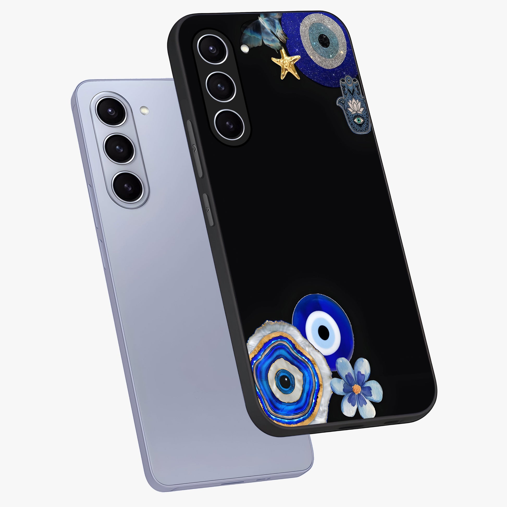 Aesthetic Blue Evil Eye Glass Case displayed in angled mockup highlighting blue evil eye symbol and spiritual aesthetic design.