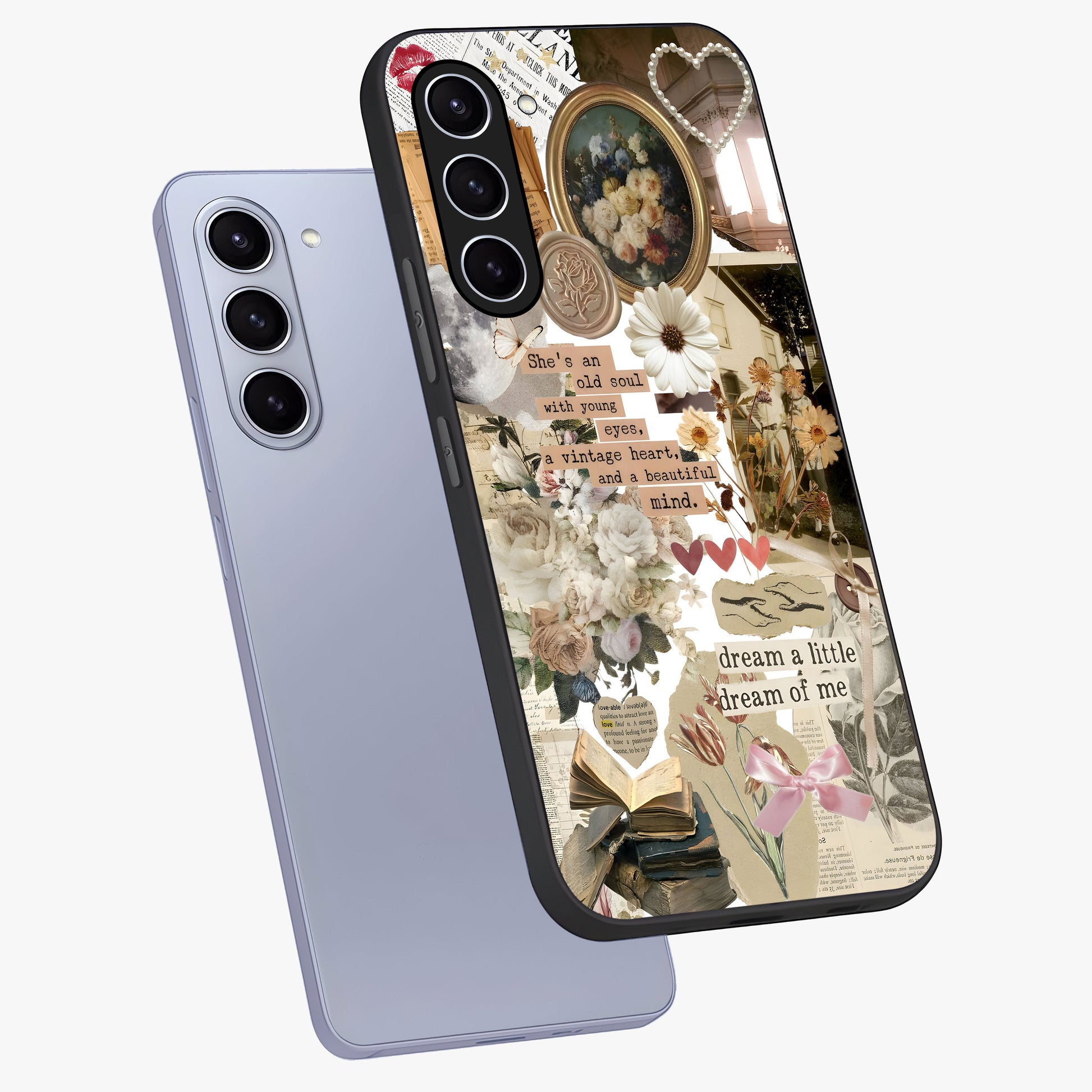Aesthetic Brown Vintage Collage Glass Case displayed in angled mockup highlighting vintage aesthetic collage design.