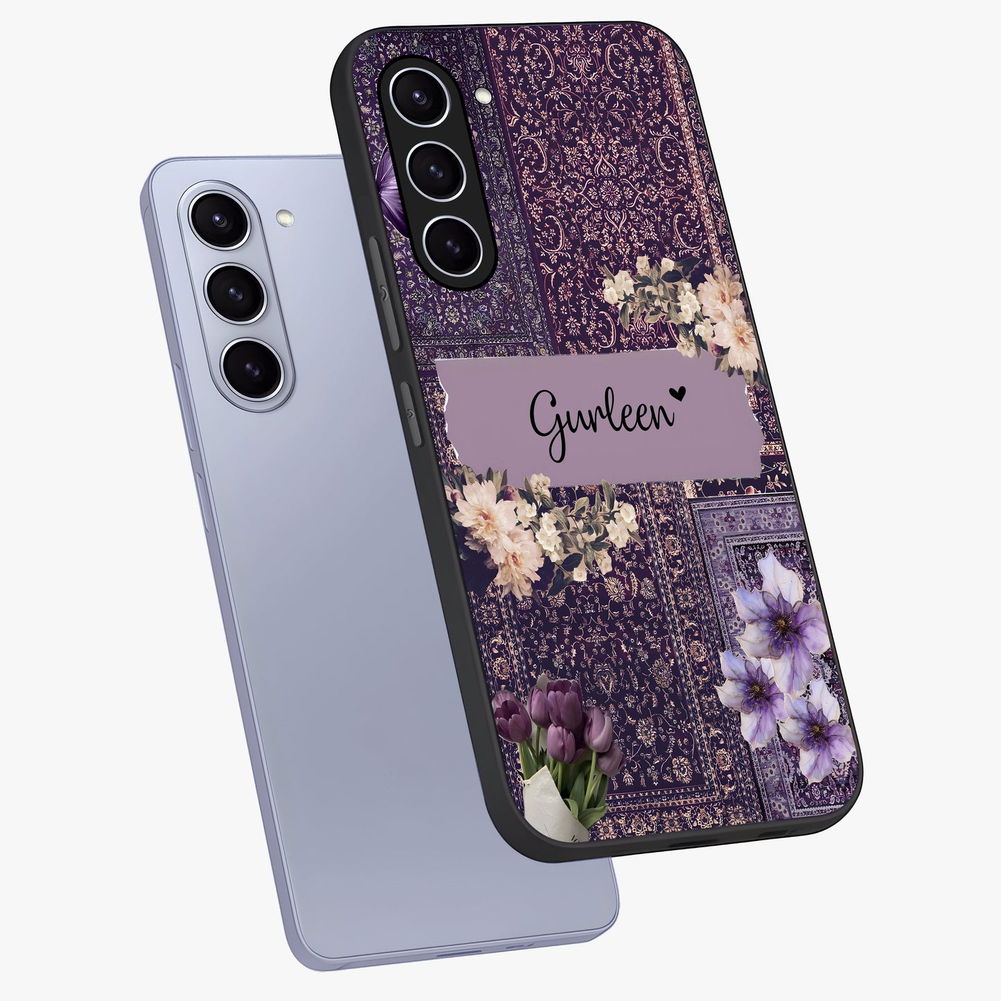 Antique Floral Whisper Custom Name Glass Case displayed in angled mockup highlighting elegant antique floral aesthetic.
