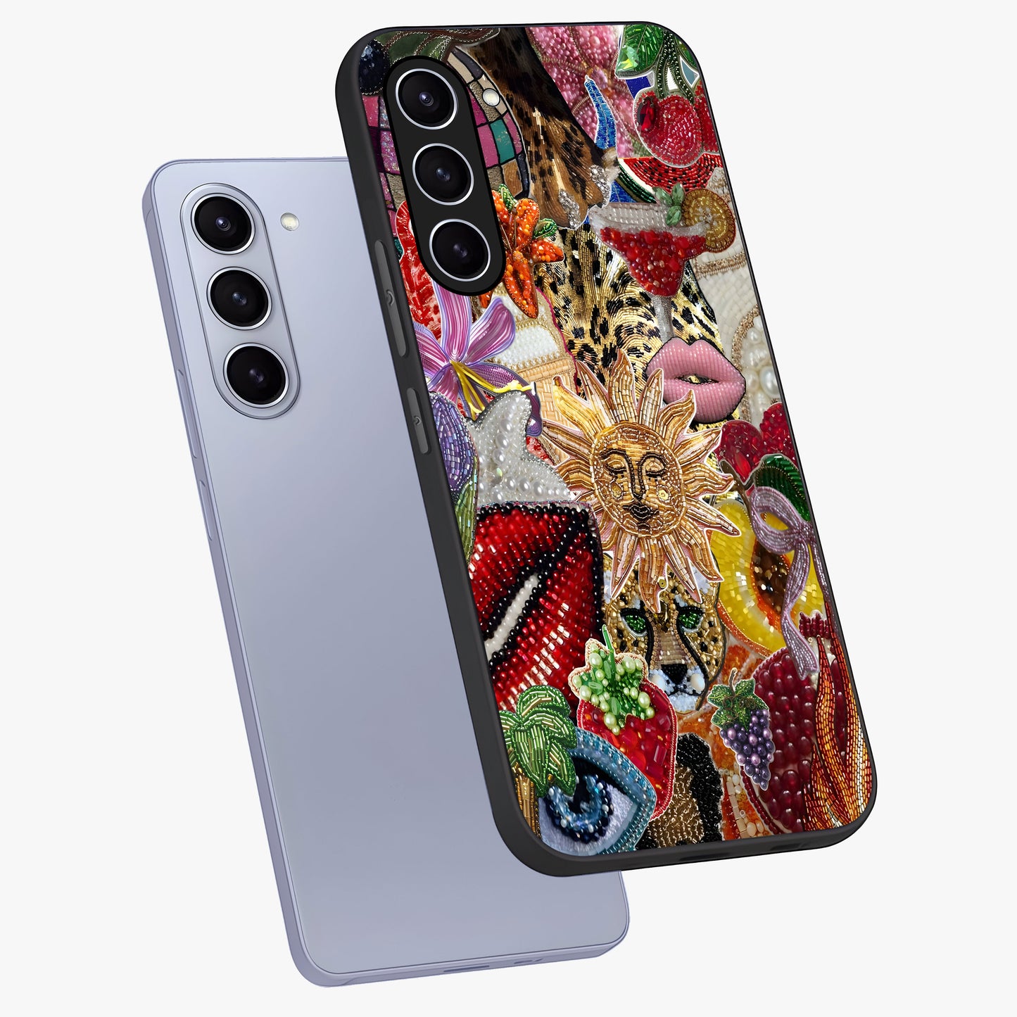 Beaded Fashion Jungle Glass Case displayed in angled mockup highlighting colorful fashion bead design and artistic pattern.