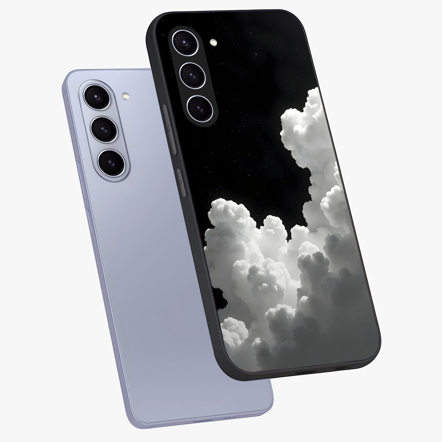 Black Background With White Cloud Glass Case displayed in angled mockup highlighting soft white cloud illustration and minimal design.