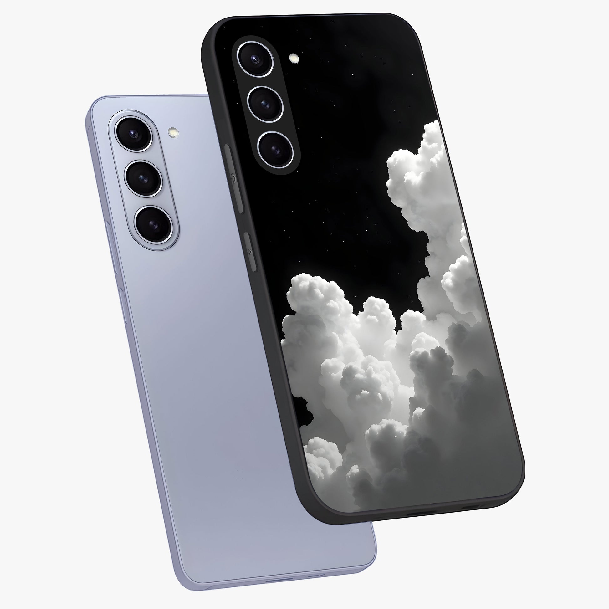 Black Background With White Cloud Glass Case displayed in angled mockup highlighting soft white cloud illustration and minimal design.