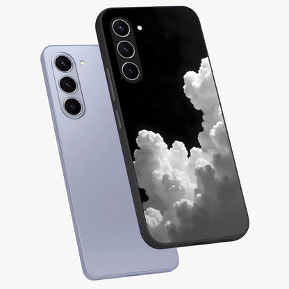 Black Background With White Cloud Glass Case displayed in angled mockup highlighting soft white cloud illustration and minimal design.