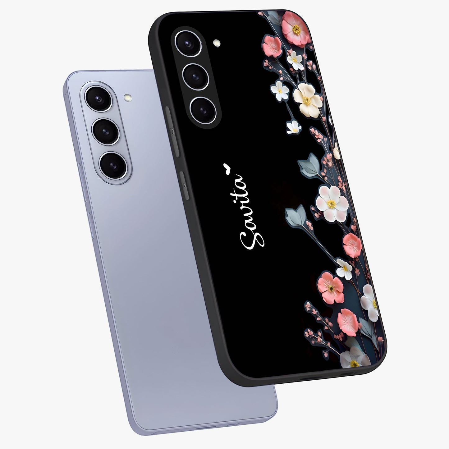 Black Elegance Floral Custom Name Glass Case displayed in angled mockup highlighting dark floral aesthetic and custom name feature.