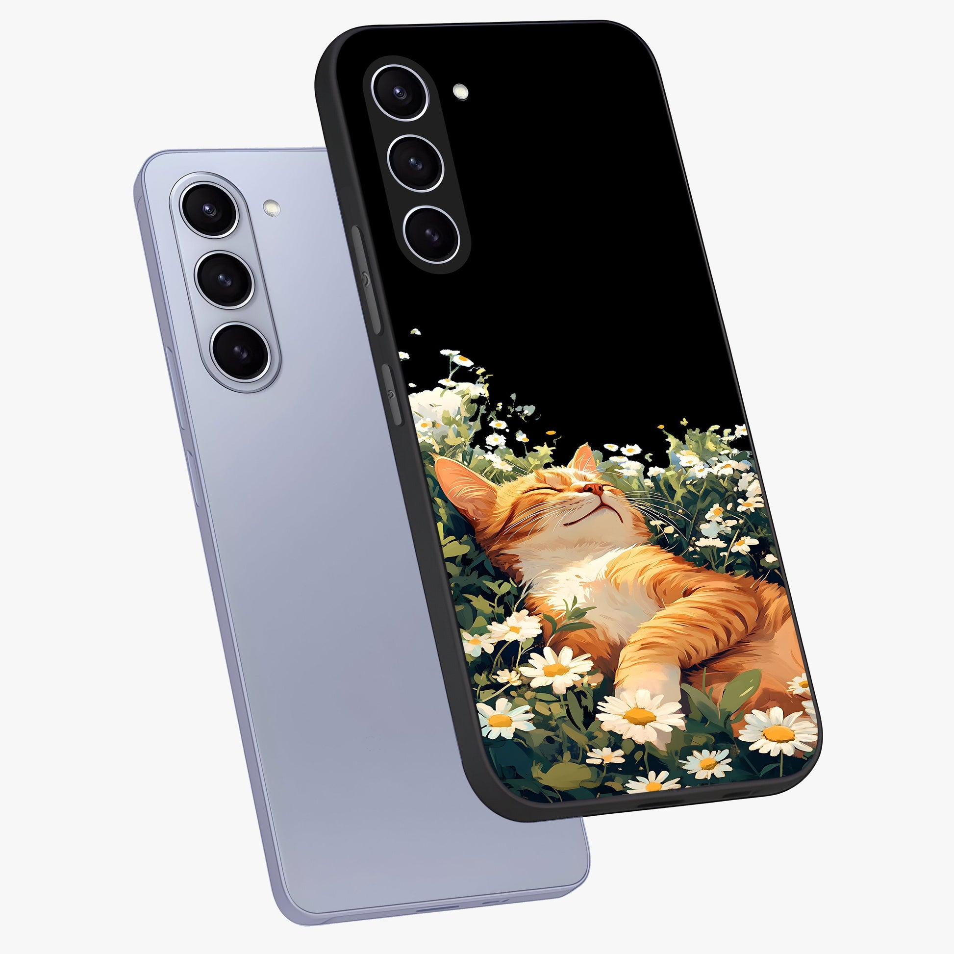 Blissful Bloom Cat Glass Case displayed in angled mockup highlighting playful feline illustration with soft floral aesthetic.