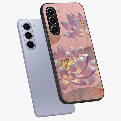 Blossom Mist Lotus Glass Case displayed in angled mockup highlighting delicate lotus illustration with calm aesthetic theme.