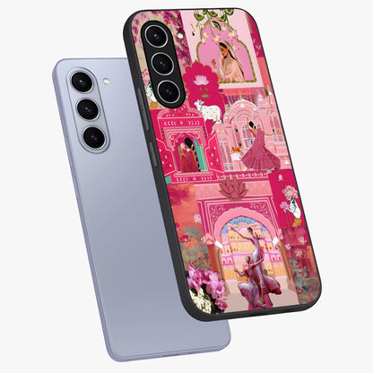 Blossoms of Rajasthan Glass Case displayed in angled mockup highlighting vibrant floral pattern with cultural aesthetic style.
