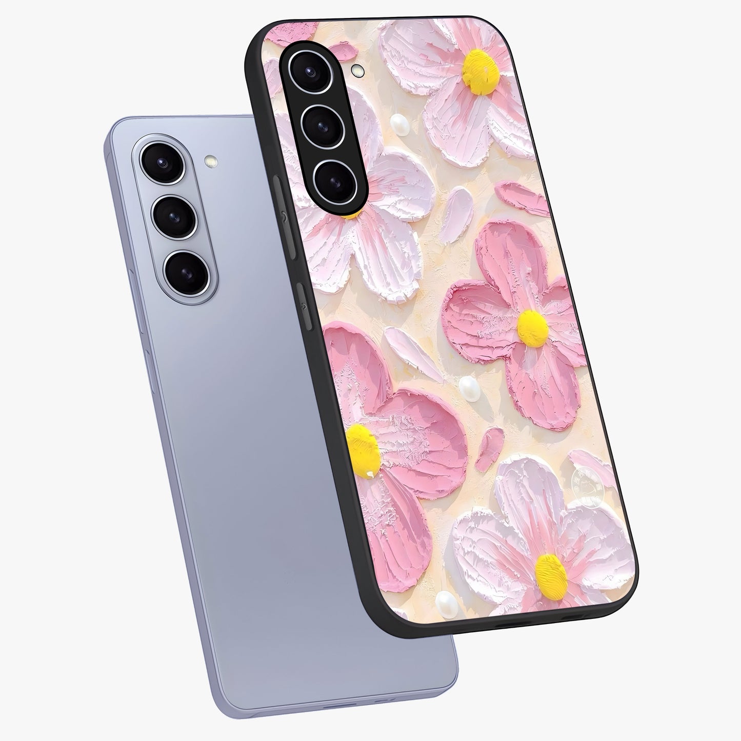 Blush Bloom Texture Glass Case displayed in angled mockup highlighting subtle bloom pattern with aesthetic pastel design.