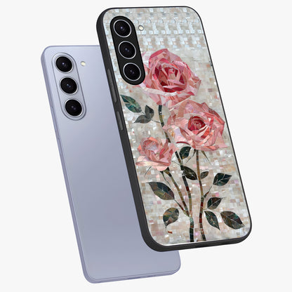 Blush Mosaic Bloom Glass Case displayed in angled mockup highlighting artistic mosaic flower pattern with aesthetic design.