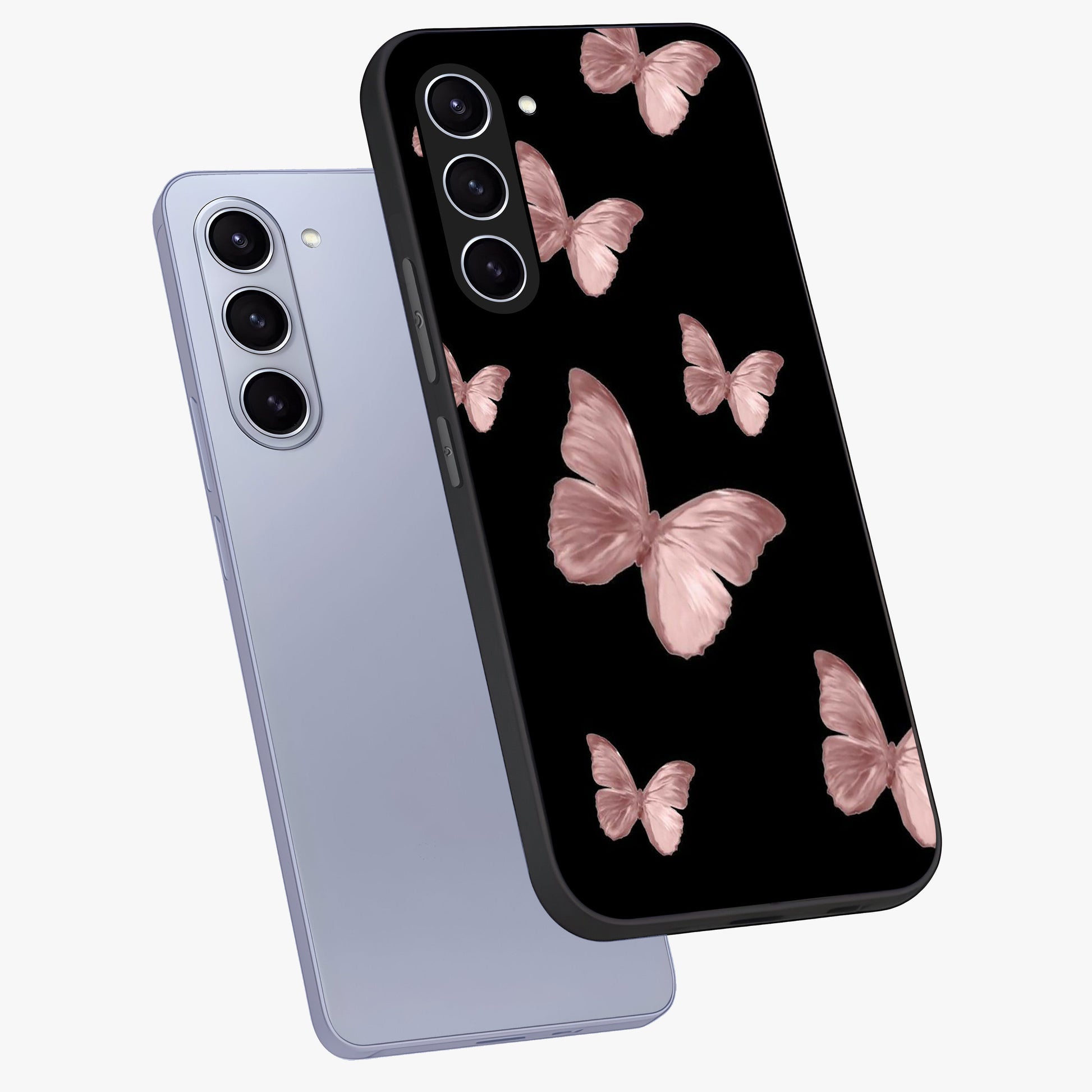 Butterfly Pattern Glass Case displayed in angled mockup highlighting delicate butterfly design and aesthetic pattern style.