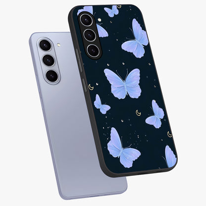 Butterfly With Stars Pattern Glass Case displayed in angled mockup highlighting dreamy butterfly and star design with aesthetic theme.